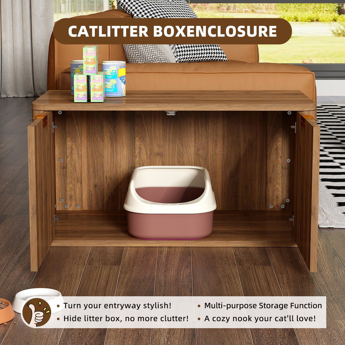 31.5" Walnut Finish Hidden Litter Box Furniture